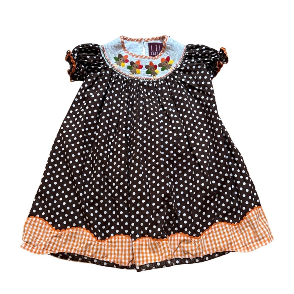 Lil‎ Cactus Turkey Smocked Dress Toddler Brown Polka Dot Gingham SIZE 2T